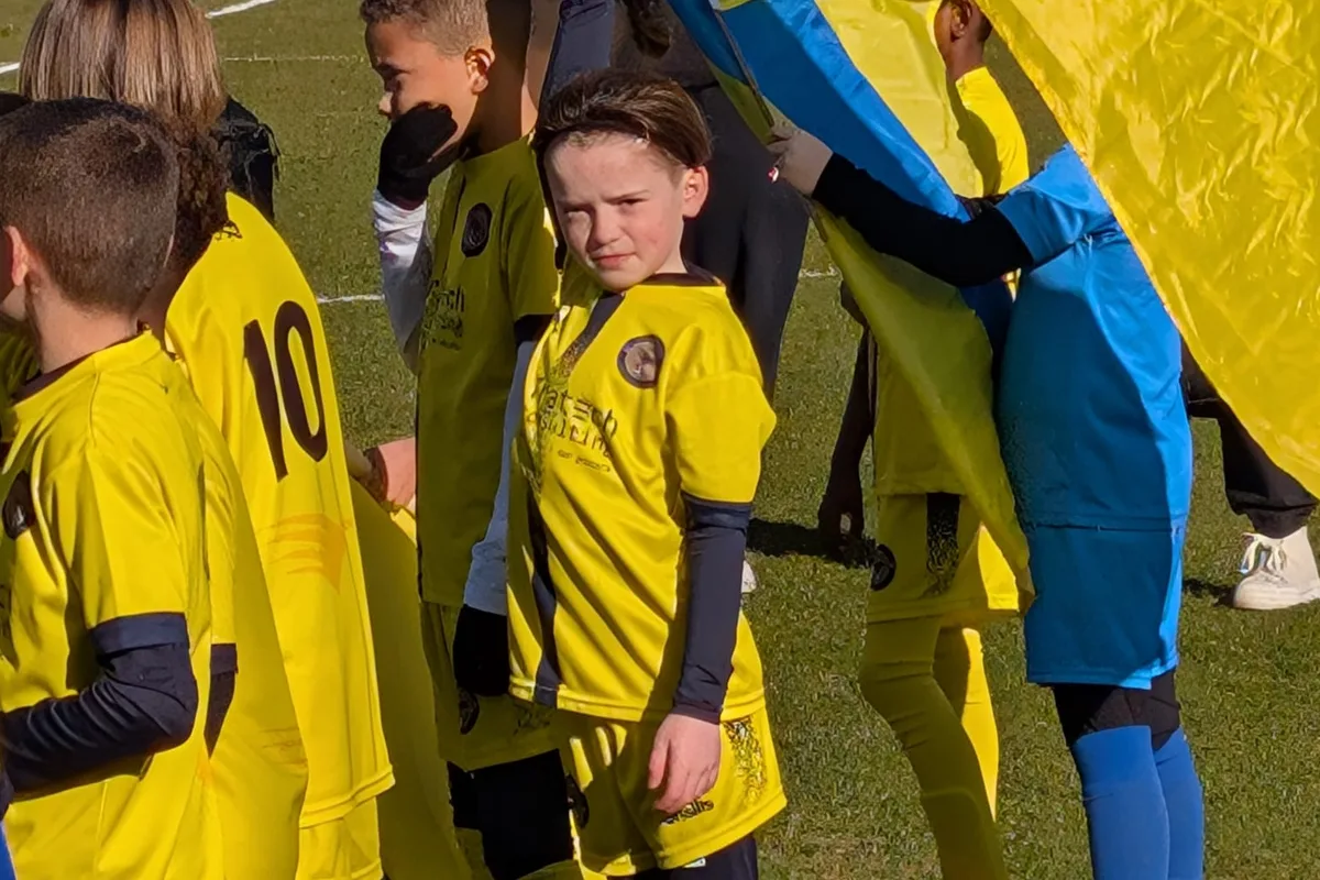 Mascots holding the flags up on the touchline, waiting to walk out with the teams