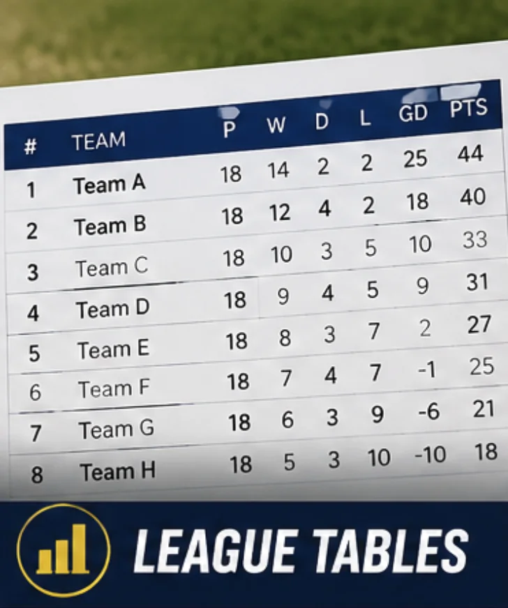 League tables — division standings for our teams.