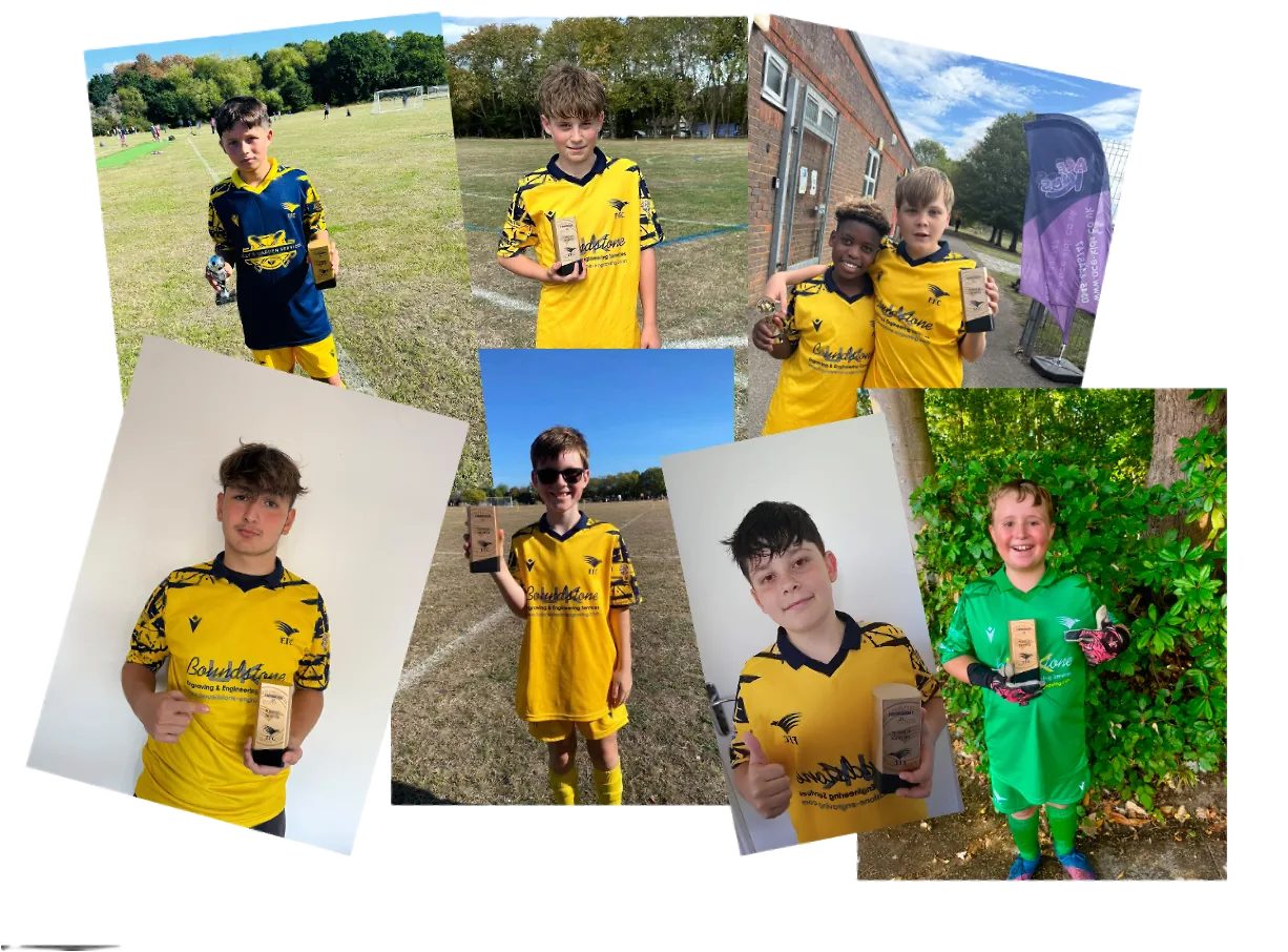 Seven Farnborough Juniors players with their Player of the Match trophies