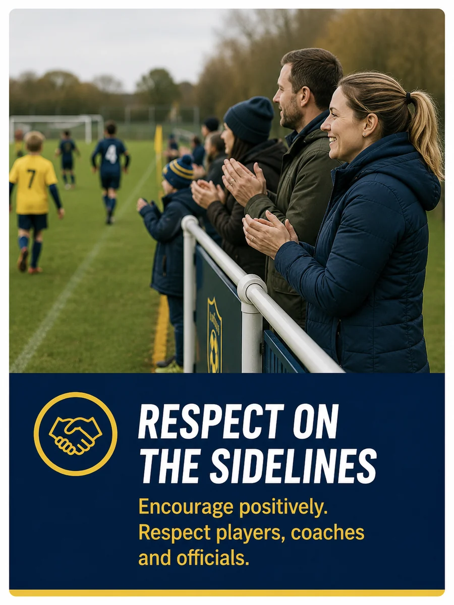 Families applauding from the sidelines. Respect on the sidelines: encourage positively, and respect players, coaches and officials.